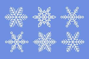 White Snowflakes Set on blue background. Vector Winter isolated icons in silhouette. Snow Crystals.