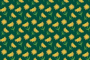 Yellow Daisy Flowers Seamless Pattern. Vector Green Background. Chamomile with Orange Petals. Swatch for Wrapping Paper or Fabric. Flat Style Design