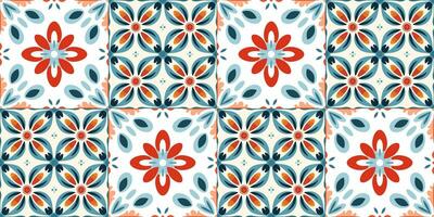 Scandinavian Style Tile in blue and red colors. Ethnic Vector Seamless Floral Pattern. Abstract Square Geometric Swatch for Wrapping Paper, Indoor Decor, or Fabric