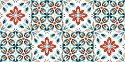 Scandinavian Style Tile in blue and red colors. Ethnic Vector Seamless Floral Pattern. Abstract Square Geometric Swatch for Wrapping Paper, Indoor Decor, or Fabric