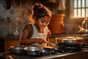 ai generado pequeño niña Cocinando en el cocina foto