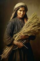 AI generated Agrarian woman carrying multiple sheaves of wheat photo