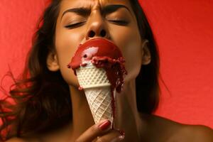 AI generated A woman savoring a bite of her delicious ice cream photo