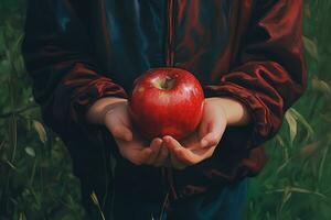 AI generated A Little Hand Holding a Fresh Red Apple photo