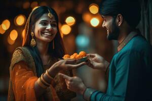 AI generated A Happy Indian Woman Receiving Food from a Man photo