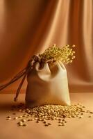 AI generated Rich Brown Bag Full of Yellow Edible Seeds, nuts or beans photo