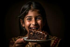 ai generado un delicioso momento con un riendo niña y un chocolate pastel foto