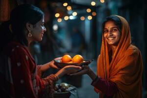 ai generado un brillante orbe de ligero - radiante hindú mujer foto