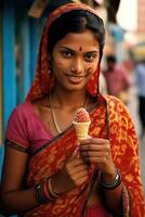 AI generated Indian woman with classic henna tattoos on her face holding a kulfi ice cream while smiling photo