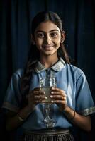 ai generado un joven niña Bebiendo agua desde un vaso foto