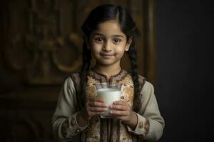 ai generado un pequeño niña con trenzas participación un vaso de Leche foto