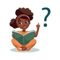 Little african american girl with book on the background of a question mark mark. Funny cartoon character. Vector illustration. Isolated on white background