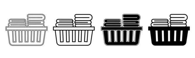 Black and white illustration of a laundry basket. Laundry basket icon collection with line. Stock vector illustration.