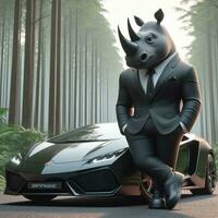 AI generated Illustration of a Dapper Rhino Posing Next to a Stylish Car Created With Generative AI Technology photo