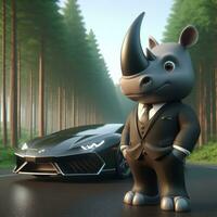 AI generated Illustration of a Dapper Rhino Posing Next to a Stylish Car Created With Generative AI Technology photo