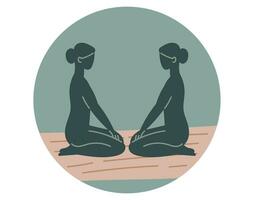 Round highlight cover template for social media. Silhouettes of women doing yoga. Vector isolated round sticker.