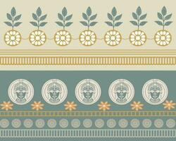 Floral Patterns and Geometric Borders Artwork in Green and Beige Tones vector