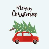 Vector Christmas and New Year card. Retro car with a Christmas tree on the roof. Template for greeting card, poster, banner, invitation design. Vector illustration.