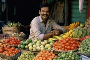 ai generado sonriente indio hombre a un Fruta y vegetal estar foto