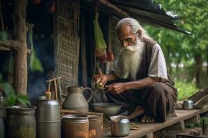 ai generado un mayor hombre preparando té en un tradicional ajuste foto