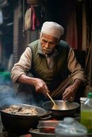 ai generado un antiguo hombre Cocinando en un desordenado cocina foto