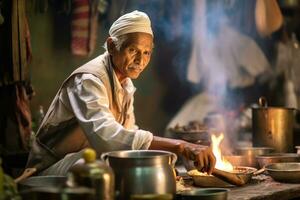 ai generado un antiguo hombre Cocinando terminado un abierto fuego foto