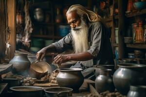 AI generated The Mad Man of the Desert - An Old with a Long Beard Making Pots photo