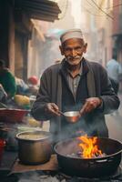 ai generado un antiguo hombre Cocinando al aire libre foto