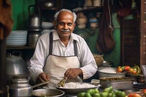 ai generado un hombre con un sonrisa en su cara es trabajando en su especia comercio, rodeado por varios bochas y un plato de alimento. foto