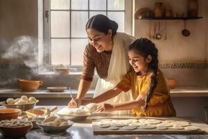 AI generated A young girl and an older lady are baking cookies together in a kitchen. photo