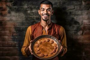 ai generado un hombre participación un bandeja de delicioso galletas foto