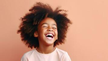 AI generated Laughing Black Girl isolated on Minimalist Background. DEIB, Diversity, Equity, Inclusion, Belonging photo