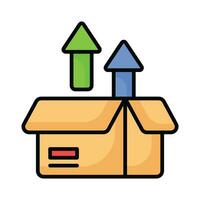 Open box with upward arrow, concept icon of unpacking parcel, unboxing vector