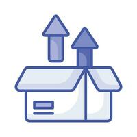 Open box with upward arrow, concept icon of unpacking parcel, unboxing vector