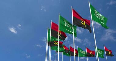 Angola and KSA, Kingdom of Saudi Arabia Flags Waving Together in the Sky, Seamless Loop in Wind, Space on Left Side for Design or Information, 3D Rendering video