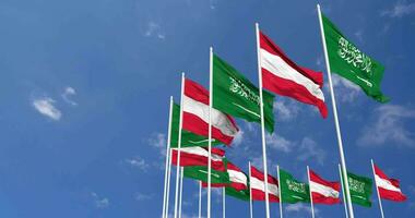 Austria and KSA, Kingdom of Saudi Arabia Flags Waving Together in the Sky, Seamless Loop in Wind, Space on Left Side for Design or Information, 3D Rendering video