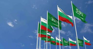 Bulgaria and KSA, Kingdom of Saudi Arabia Flags Waving Together in the Sky, Seamless Loop in Wind, Space on Left Side for Design or Information, 3D Rendering video