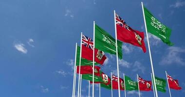 Bermuda and KSA, Kingdom of Saudi Arabia Flags Waving Together in the Sky, Seamless Loop in Wind, Space on Left Side for Design or Information, 3D Rendering video