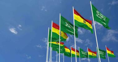 Bolivia and KSA, Kingdom of Saudi Arabia Flags Waving Together in the Sky, Seamless Loop in Wind, Space on Left Side for Design or Information, 3D Rendering video