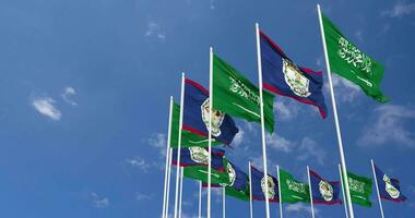 Belize and KSA, Kingdom of Saudi Arabia Flags Waving Together in the Sky, Seamless Loop in Wind, Space on Left Side for Design or Information, 3D Rendering video