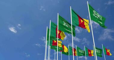 Cameroon and KSA, Kingdom of Saudi Arabia Flags Waving Together in the Sky, Seamless Loop in Wind, Space on Left Side for Design or Information, 3D Rendering video