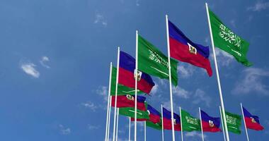 Haití y ksa, Reino de saudi arabia banderas ondulación juntos en el cielo, sin costura lazo en viento, espacio en izquierda lado para diseño o información, 3d representación video