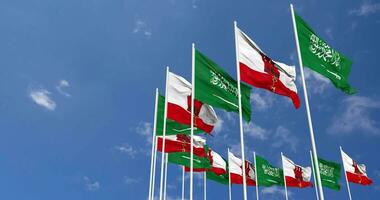 Gibraltar and KSA, Kingdom of Saudi Arabia Flags Waving Together in the Sky, Seamless Loop in Wind, Space on Left Side for Design or Information, 3D Rendering video