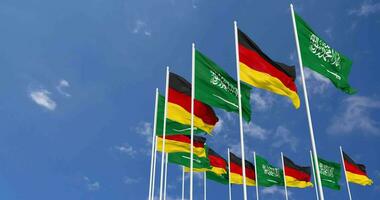Germany and KSA, Kingdom of Saudi Arabia Flags Waving Together in the Sky, Seamless Loop in Wind, Space on Left Side for Design or Information, 3D Rendering video