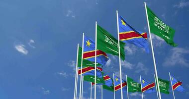 DR Congo and KSA, Kingdom of Saudi Arabia Flags Waving Together in the Sky, Seamless Loop in Wind, Space on Left Side for Design or Information, 3D Rendering video