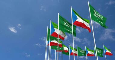 Equatorial Guinea and KSA, Kingdom of Saudi Arabia Flags Waving Together in the Sky, Seamless Loop in Wind, Space on Left Side for Design or Information, 3D Rendering video