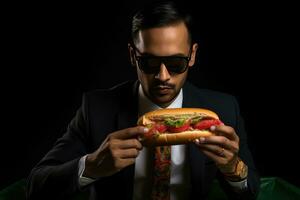 AI generated A Man in a Suit Eats a Hot Dog with Tons of Toppings photo