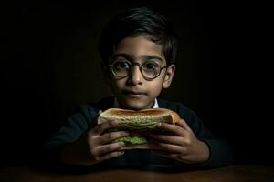 ai generado un pequeño chico comiendo un grande emparedado - capturado en un oscurecido habitación foto