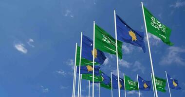 Kosovo and KSA, Kingdom of Saudi Arabia Flags Waving Together in the Sky, Seamless Loop in Wind, Space on Left Side for Design or Information, 3D Rendering video