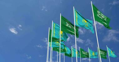 Kazakhstan and KSA, Kingdom of Saudi Arabia Flags Waving Together in the Sky, Seamless Loop in Wind, Space on Left Side for Design or Information, 3D Rendering video